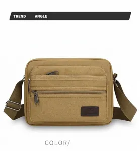 Men multi-layer canvas shoulder bag casual business commuter crossbody bag in khaki
