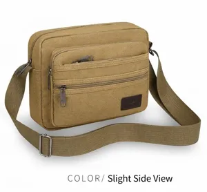 Men's multi-layer canvas shoulder bag casual business commuter crossbody bag khaki.
