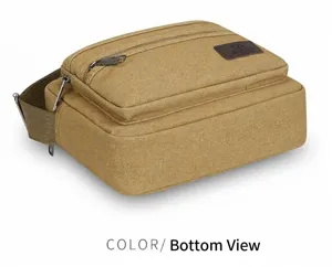 Khaki canvas shoulder bag detail view showing multi-layer zippers and durable fabric texture.