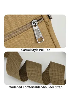 Men canvas shoulder bag detail view featuring durable zipper pull and wide comfortable strap.