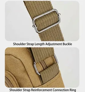 Men's canvas shoulder bag detail view showing adjustable strap buckle and reinforced rings.