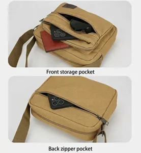 Men canvas crossbody bag detail showing multi-layer front storage and back zipper pocket.