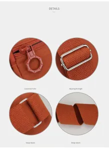 Nylon chest bag detail showing high-density fabric, durable metal zipper pull and adjustable strap.