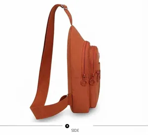 Side view of multi-layer nylon chest bag, stylish waterproof crossbody bag for daily travel.