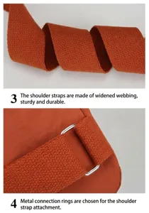 Detailed view of the wide orange crossbody bag strap with durable metal connecting ring hardware.