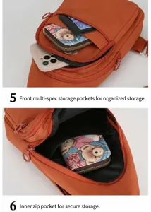 Water-resistant nylon chest bag with multi-layer zipper pockets for casual daily use.