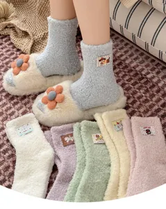 Soft coral fleece fuzzy socks with cute plush slippers, cozy winter indoor warm home socks.