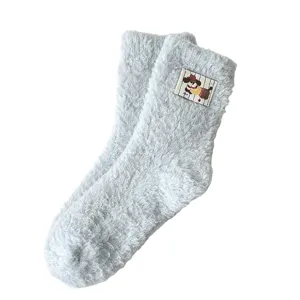 Women cozy coral fleece fuzzy warm winter socks soft sleep floor socks with cute dog patch
