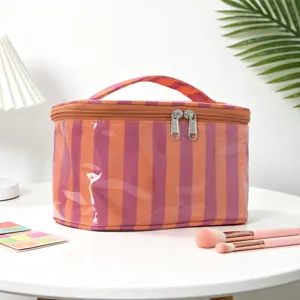 Vista detallada de bolsa cosmética de rayas impermeable, organizador de maquillaje PVC portátil.