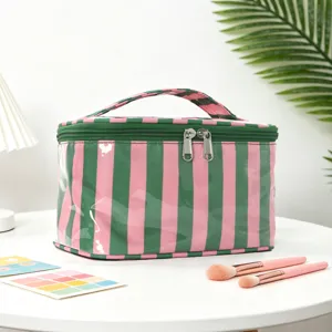 Bolsa de maquillaje impermeable rayas rosa verde gran capacidad estuche de viaje practico.