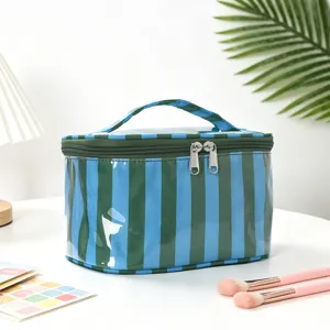 Bolsa de maquillaje impermeable a rayas con asa, organizador de almacenamiento de viaje de PVC duradero.