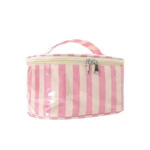 Bolsa de maquillaje a rayas rosa y blanca organizador de viaje impermeable con asa y cremalleras