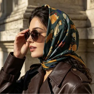 Foulard Carré en Satin Style Soie pour Femme Imprimé Chat et Chien Dessin Animé Elégant Bandana Cou Tête Accessoire Mode Cheveux