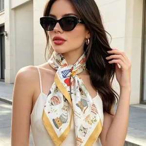 Foulard carré en satin imprimé chat mignon, élégant accessoire de cou et de tête 70cm.