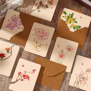 Vintage Chinese Ink Wash Illustration Greeting Cards With Envelopes For Birthday Gift Writing Floral Pattern Art Postcards Cultural Blessing Cards