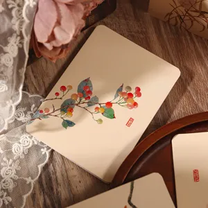 Vintage Chinese style greeting card with watercolor red berries illustration for gift.