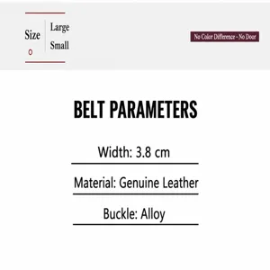 Details van heren lederen riem met specificatie van breedte materiaal en metalen gesp.