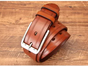 Ceinture homme en cuir véritable rétro décontracté en cuir de vache avec boucle marron