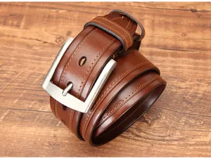 Ceinture marron pour homme en cuir de vachette veritable avec boucle en metal pour loisir