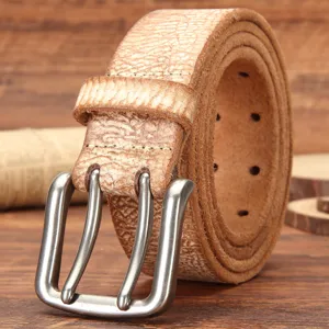 Cintura da Uomo con Fibbia a Doppio Ardiglione in Vero Cuoio di Primo Strato Retrò Casual Moda Jeans Cintura in Vita Accessorio Invecchiato