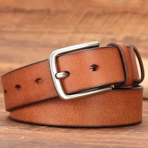 Ceinture en Cuir de Vachette Pleine Fleur pour Hommes Boucle à Ardillon en Alliage Vintage Sangle de Taille Décontractée pour Hommes Marron Noir Kaki