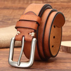 Ceinture homme rétro en véritable cuir de vachette avec boucle ardillon argentée pour jeans