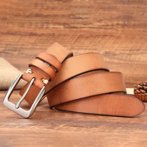 Ceinture en cuir véritable rétro pour homme avec boucle ardillon en métal jean marron stylé