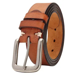 Ceinture homme rétro en cuir véritable avec boucle ardillon, cuir de vache marron vue.
