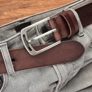 Ceinture homme en cuir veritable de vaches decontractee avec boucle en metal et jeans gris