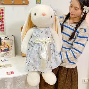 Large white plush rabbit toy with blue floral dress, soft stuffed bunny doll for kids gift
