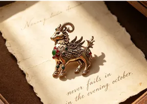 Vintage mythological ram brooch with wings and gemstones, retro antique gold retro accessory.