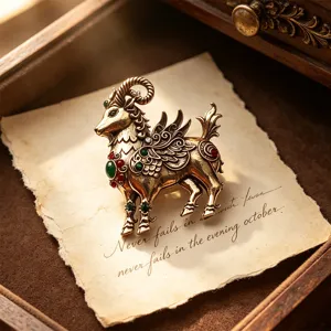 Vintage Winged Ram Brooch Antique Gold Zinc Alloy Mythical Sheep Pin With Colored Rhinestones For Women Men Suit Overcoat Jewelry