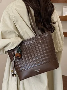 Gevlochten leren shopper voor dames, stijlvolle retro schoudertas voor herfst en winter pendelen.