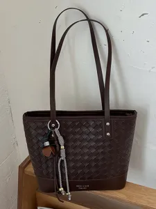 Donkerbruine geweven leren shopper tas voor dames grote casual vintage schoudertas.
