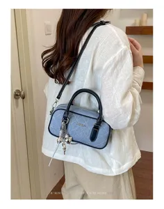 Stylish quilted denim shoulder bag for women, chic retro top handle crossbody pillow bag.