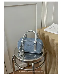 Denim quilted handbag with silver metallic handles, retro style shoulder crossbody bag for women.