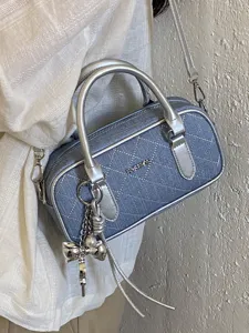 Fashion Simple Denim Quilted Rhombic Pillow Bag For Women Boston Handbag Crossbody Bag With Bow Pendant