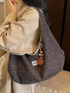 Bolso Tote de Lona con Estampado de Leopardo para Mujer Gran Capacidad Casual Bolso de Hombro con Colgante de Madera JS2619
