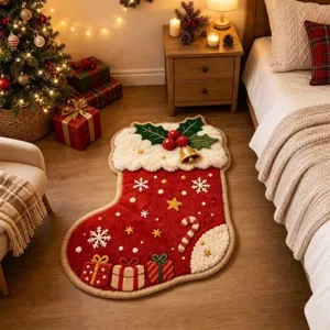 Close up of Christmas bedside shaped plush rug, cozy winter holiday home decor detail.