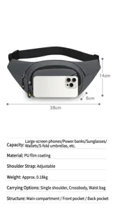 Vue détaillée des dimensions et des spécifications du sac banane, montrant la taille et la capacité.
