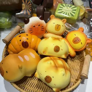 Detailed view of cute animal bear bread slow rebound squishy stress relief toy basket.