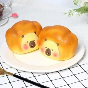 Detailed close-up of cute bear bread squishy toy showing soft texture and cute face design.
