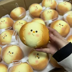 Close-up detail of cute bread squishy toy with soft slow-rebound texture and lovely smile face.