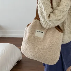 Sac Seau en Peluche de Laine d'Agneau Synthétique pour Femmes Patchwork de Daim Couleur Contrastée Grand Sac Cabas Fourre-Tout Style Coréen