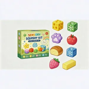 Detailed view of the 8-piece sensory squishy toy set, featuring cute stress relief items in a box.