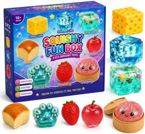8 pieces squishy sensory toys set featuring cute cheese bread fruit and gel cube stress relief.