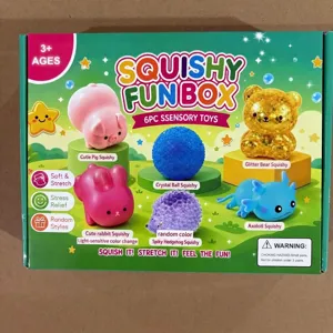 6-piece cute squishy sensory toys box, soft stress relief toy set for kids and adults daily fun.