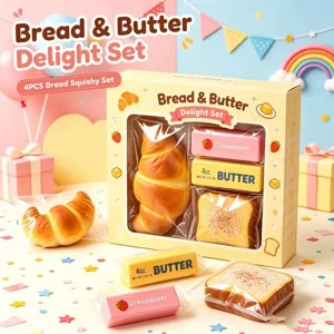 Bread and butter squishy toy set, cute stress relief sensory soft toys for kids and fun gift.