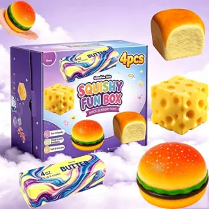 Detailed view of the 4pcs squishy sensory toys set featuring cute food shapes like burgers.