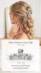 Silver pearl crystal flower claw clip for women elegant fashion hair accessories 3x8cm